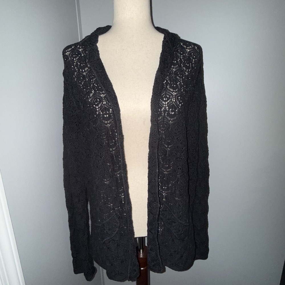 TALBOTS XL BLACK Crochet cottage romantic Cardigan Sweater whimsygoth EUC - Picture 9 of 11